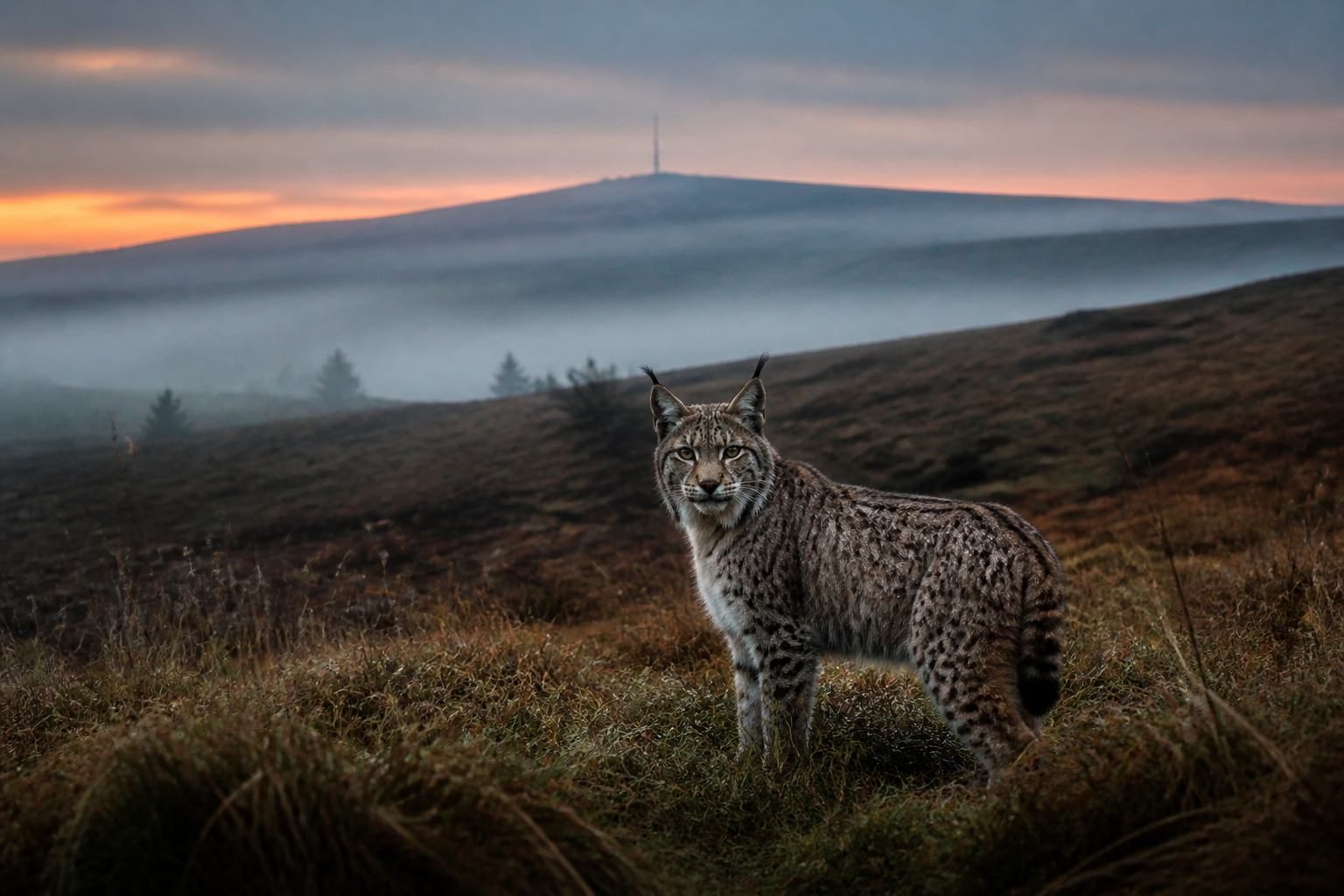 A lynx on misty moorland at dawn, radio mast on the far ridge